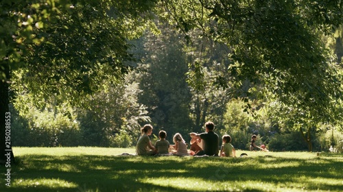 Family gathering enjoys a peaceful afternoon picnic under the lush green canopy of a sun-drenched park, surrounded by dappled light and the soft textures of fresh grass and rustling summer leaves.