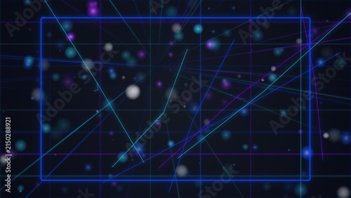 Digital grid background, with intersecting neon, light lines and, floating bokeh particles, in dark blue