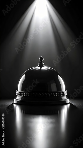Elegant monochrome image: Desk bell under bright spotlight with dark background