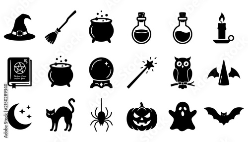 Witchcraft and halloween themed silhouette icon set featuring cauldron potion bottles and magic symbols halloween silhouette cauldron pentagram celebration mysterious isolated