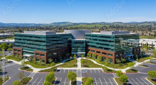 Aerial View of Modern Corporate Office Building Complex with Parking Lot and Scenic Landscape Background