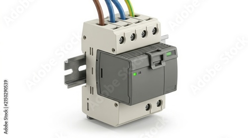 Circuit breaker component features intricate metallic textures and colorful electrical wiring mounted on a standard industrial rail to ensure efficient power distribution and safety control.