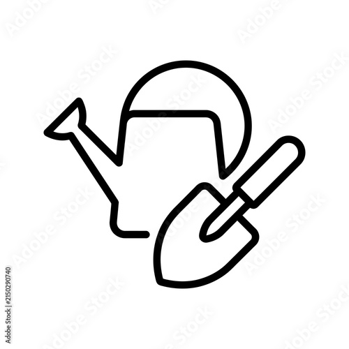 Watering can and spade gardening tool icon set for organic farm care.