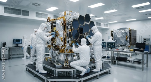 Engineers Assembling Advanced Spacecraft Components in Cleanroom