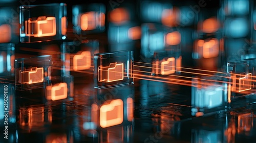 Abstract glowing digital folders connected by light streams