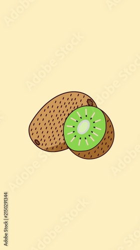 A kiwi floats smoothly and loops in a flat animation, a fresh and colourful fruit with a fun, modern, and vibrant look, bringing a healthy and refreshing tropical feel to the design