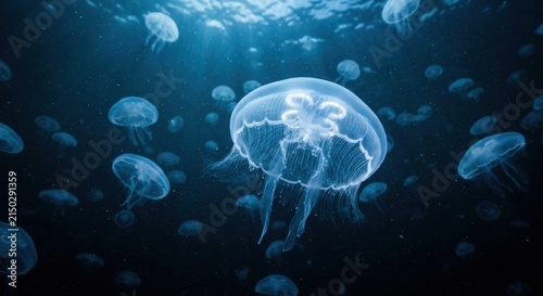 Glowing Jellyfish Floating In Deep Ocean Waters