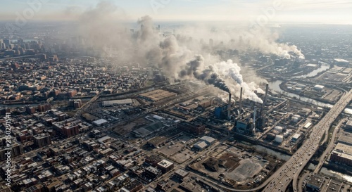 Industrial Pollution Seen From Above Over Urban Cityscape
