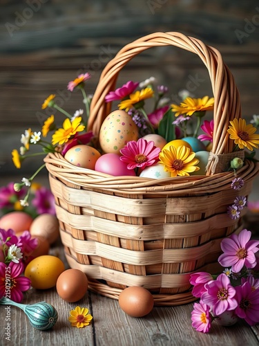 Vintage-style wooden Easter basket overflowing with colorful eggs and flowers, ||Easter baskets, vintage