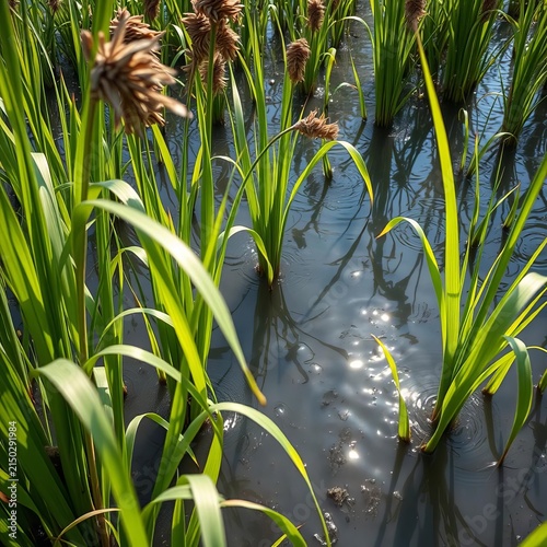 Reeds sway in gentle current, shadows stretch far, shadow, water