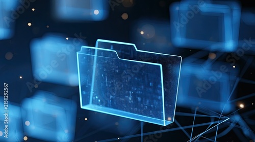 Futuristic digital folders and abstract network lines glow