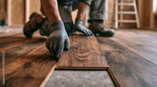 Hands laying a new wooden floor in a room under renovation