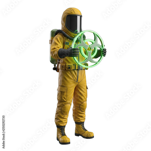Biohazard suit person holding glowing biohazard symbol isolated
