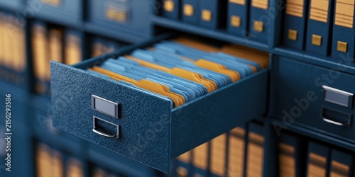 Open filing cabinet drawer filled with blue and yellow folders, rows of folders