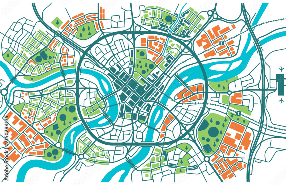 Fototapeta premium Abstract illustrative map showing a modern city layout with roads and river.