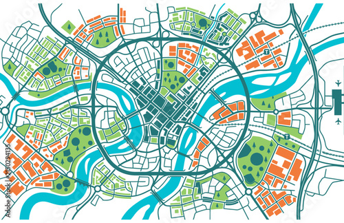 Abstract illustrative map showing a modern city layout with roads and river.