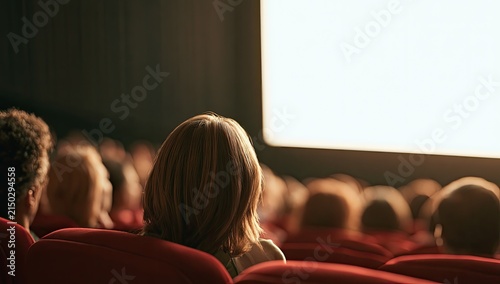 People in red seats watch a bright screen in a darkened theater