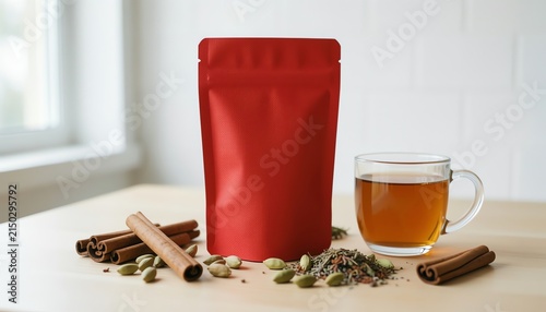 Red zipper pouch mockup with chai tea glass mug cinnamon sticks and cardamom on wooden table