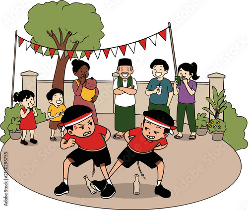 фотографія Two competitive boys accidentally knocking over a glass bottle during a traditional Independence Day race while neighbors watch with amused expressions
