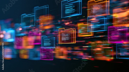 Abstract digital files in vibrant neon hues cascade in a blur