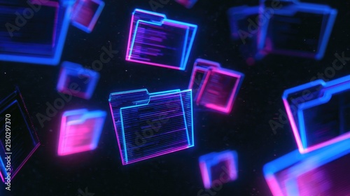 Digital folders with glowing code, abstract, dark background, futuristic