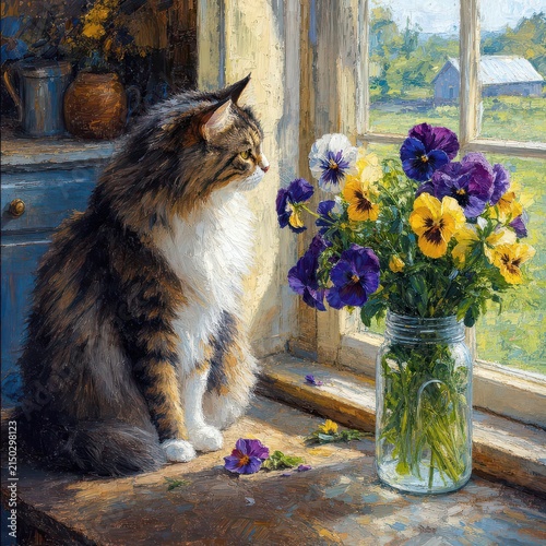 A fluffy calico cat sits on a sunlit windowsill, gazing intently out the window while vibrant pansies in a jar add a splash of color to the serene scene, rendered in impasto paint