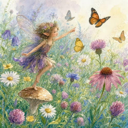 A whimsical fairy with a floral crown stands on a mushroom, reaching for a butterfly amidst a vibrant meadow filled with wildflowers, capturing a moment of pure enchantment