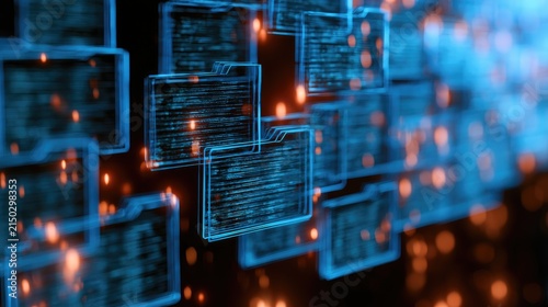 Digital data folders with glowing code snippets and bokeh