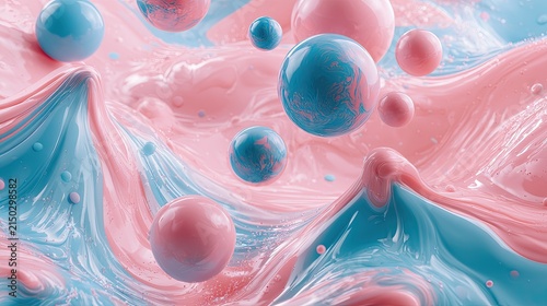 Swirling pink and blue liquid forms with floating spheres creating an abstract, fluid landscape