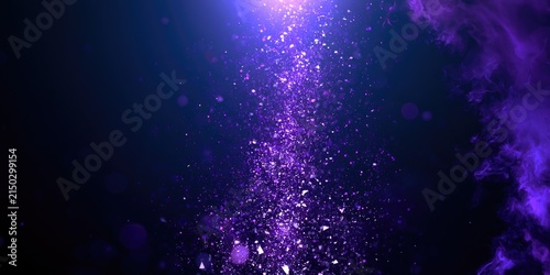 A cosmic burst of glittering purple particles erupts against a dark backdrop