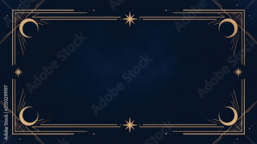 Ornate celestial frame with moons, stars, and sunbursts on deep blue