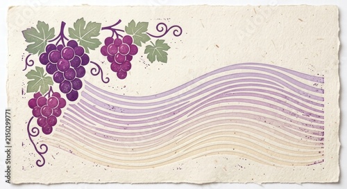 Grapes, Wine, Vineyard Illustration on Handmade Paper, Ornamental Red Grape Bunch Design with Leaves for Winery Branding and Label Packaging