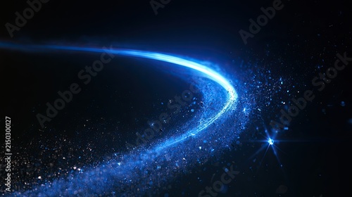 A luminous blue trail sweeps across a dark background, scattering stardust