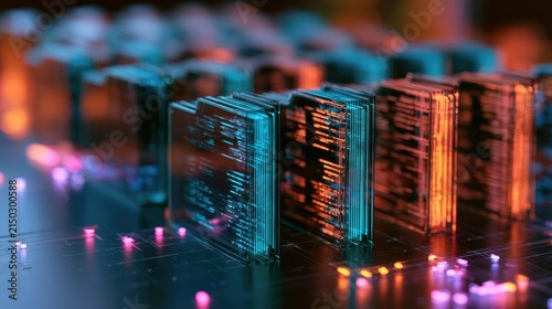 Illuminated data modules glow with vibrant cyan and orange light, abstract tech