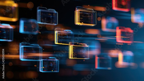 Digital folders with glowing data streams in a network