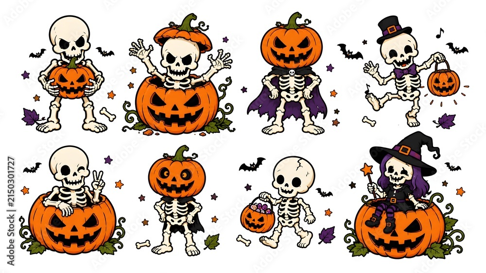 Fototapeta premium Funny halloween skeleton and pumpkin jack o lantern characters vector illustration set