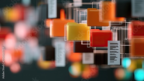 Abstract rendering of colorful digital file folders in a chaotic data structure