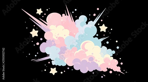 Whimsical explosion of pastel clouds, stars, and dots on black