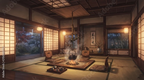 Japanese tea ceremony room with lanterns and garden views