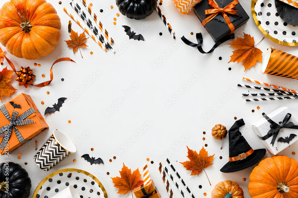 Obraz premium Halloween party decorations frame with pumpkins and gifts on white