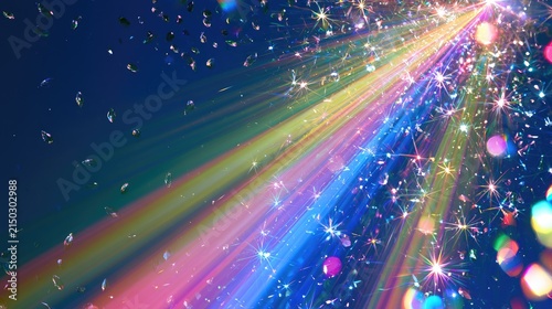 Vibrant light beams illuminate a celebratory cascade of sparkling confetti
