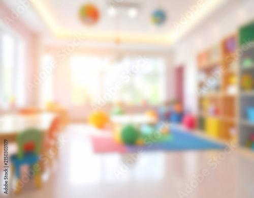 Colorful blurred kindergarten classroom creating soft bokeh background