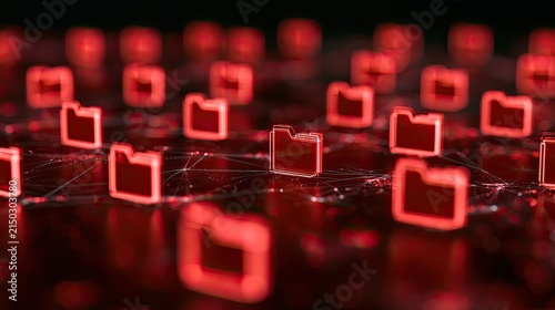 Abstract network of glowing red digital folders on a dark background