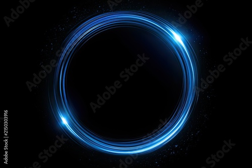 Bright blue glowing rings illuminate a dark background with subtle sparkling dust