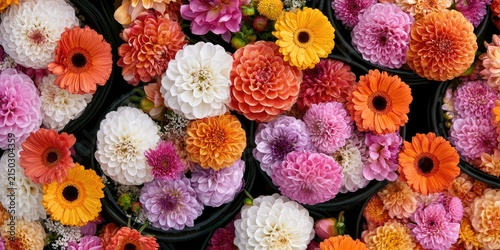 A vibrant collection of diverse blooming flowers, arranged closely