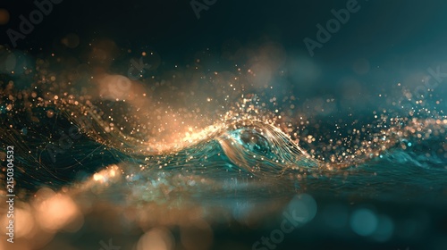 Abstract glowing particles forming ethereal waves in dark, shimmering, blue-green hues
