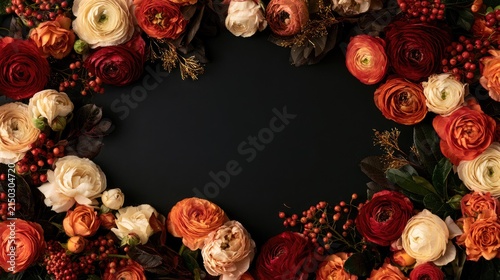A richly colored floral arrangement frames a dark, empty oval space