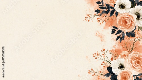 Delicate floral arrangement with soft coral and white blooms on a cream backdrop