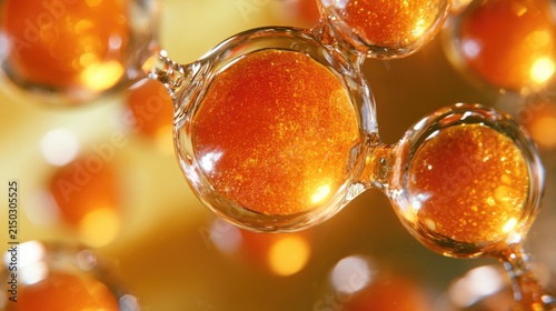 Macro view of illuminated, bubbly, orange liquid droplets