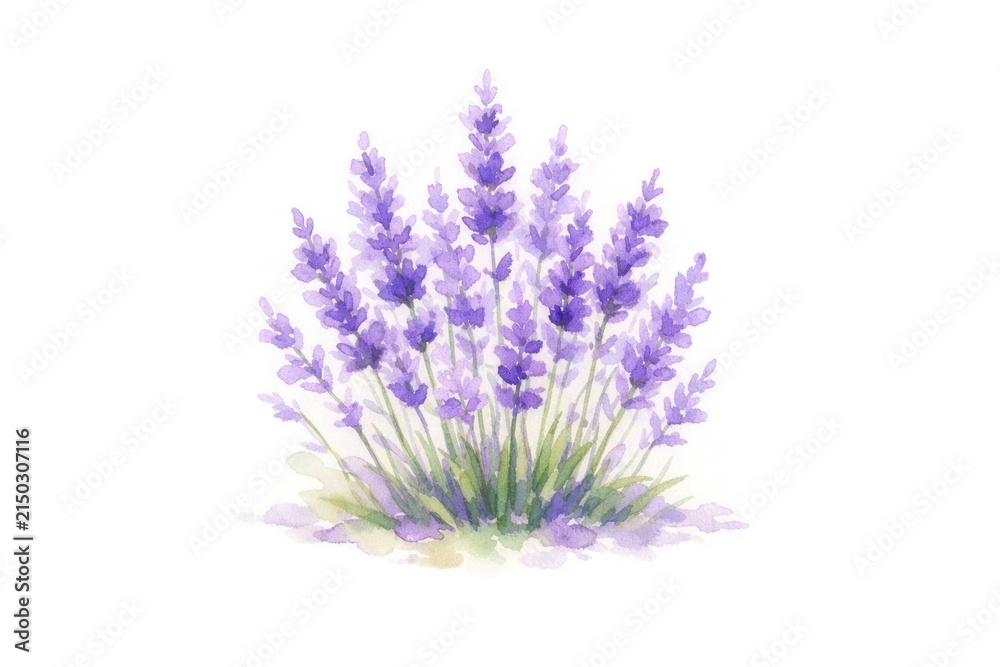 Obraz premium Watercolor illustration of a lavender plant with purple blooms.